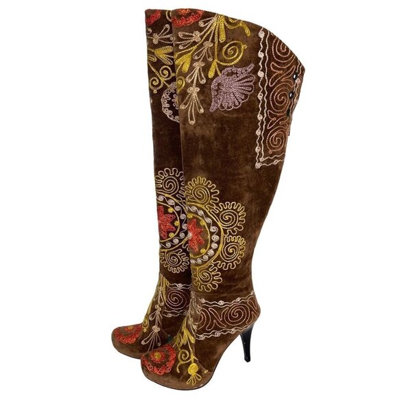 Turkish Soul Vintage Womens Boots Size 37 Brown Over The Knee Embroidered - Picture 1 of 16